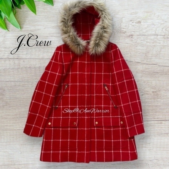 J.Crew lipstick red wool windowpane hooded château parka w/ removable faux trim - Picture 5 of 9